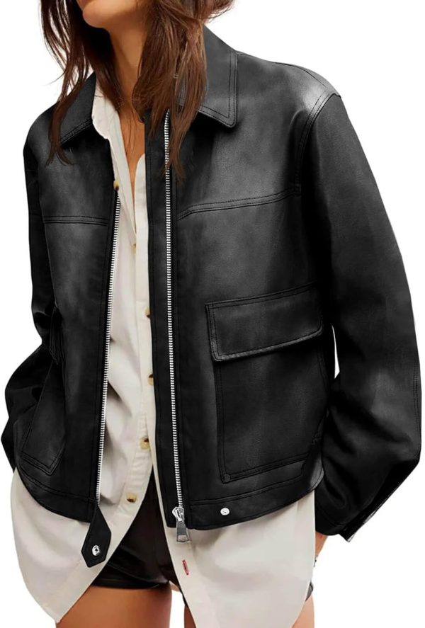 Womens Faux Leather Bomber Jackets Zip Up Cropped Lapel Moto Coats Trendy Casual Outerwear with Pockets
