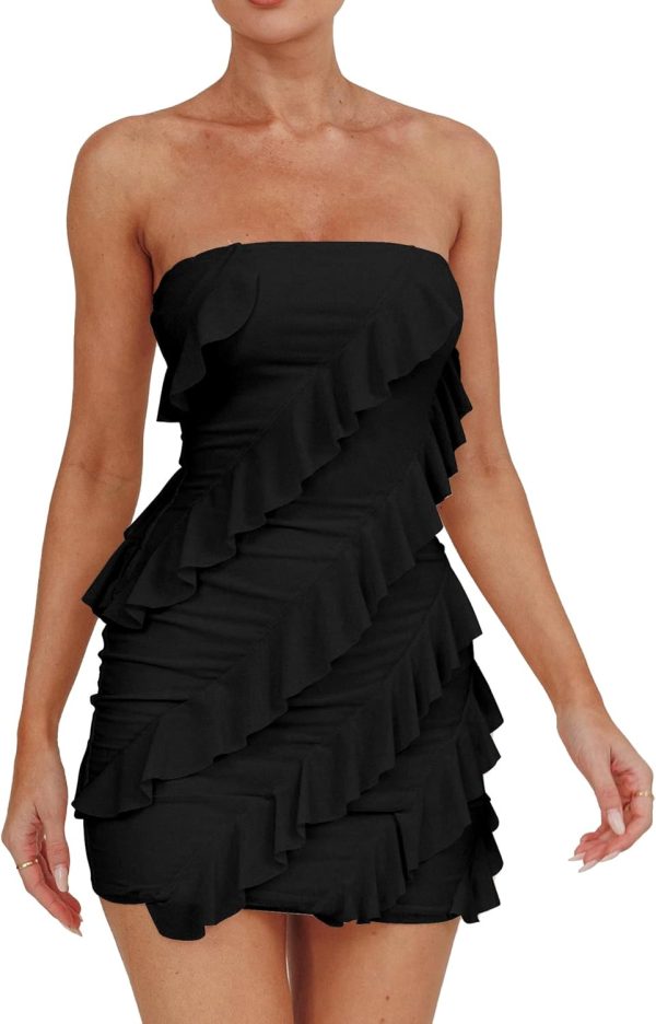 Women's Sexy Strapless Bodycon Mini Party Dress with Ruffled Details