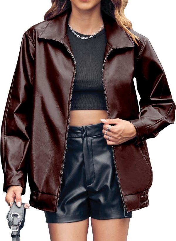 Womens Oversized Leather Jackets Faux Casual Zip Up Trendy Bomber Motorcycle Jacket with Pockets S-XL