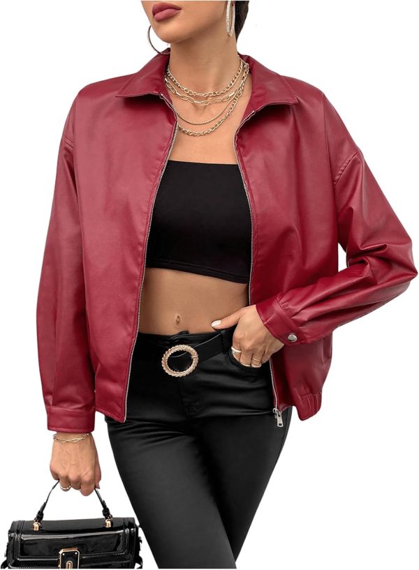 Women's Faux Leather  Long Sleeve Zip Up Motorcycle Jacket Biker Coat