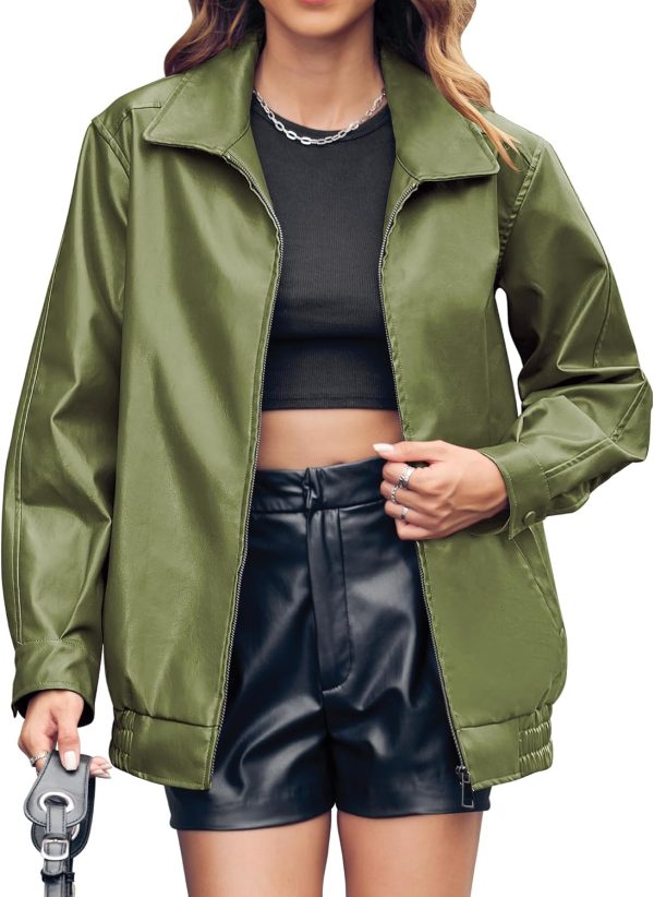 Womens Oversized Leather Jackets Faux Casual Zip Up Trendy Bomber Motorcycle Jacket with Pockets S-XL